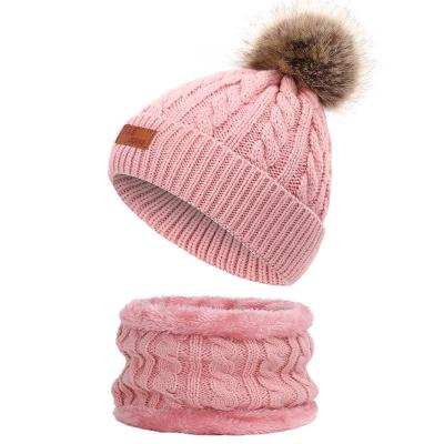 China COMMON Children's Knitted Two Piece Neck Scarf And Knit Beanie Hat With Pom Pom Raccoon Hair Ball Knit Hat for sale