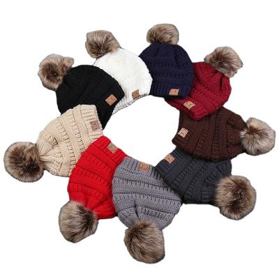 China Warm Pom Pom Custom Knitted Winter Beanie Hats Parent-child Winter Hat Mom and Baby Hats for sale