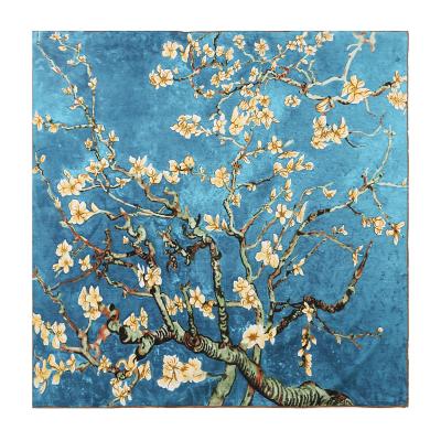 China Square Almond Flowers Van Gogh Oil Abstract Painting 100% Pure Silk Square Scarf for sale