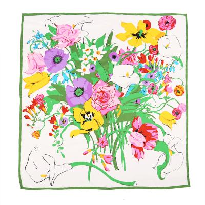 China New Square Design Bright Decorative Italian Silk Twill Colors Garden Elegant Needle Tight Hand Roll Silk Scarves for sale