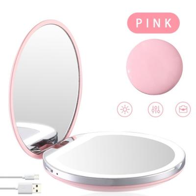 China Lighted Travel Pocket Portable Handheld Round Led Light Makeup Mirror for sale