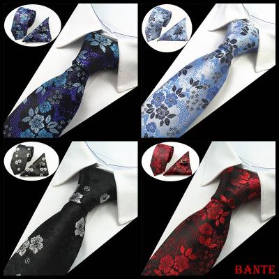 China Fashion Mens Floral 100% Polyester Jacquard Tie Handkerchief Cufflinks Tie Set For Formal Wedding Party for sale