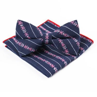 China Fashion Cotton Self Striped Bow Tie Handkerchief Set For Men Print Striped Bow Tie Set Wedding Business Gift for sale