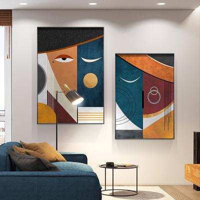 China Waterproof+ECO-Friendly Geometric Gray Face Colorful Line Modern Abstract Blue Orange Figure Canvas Painting Wall Art For Living Room Home for sale