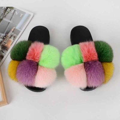 China CUSHIONING Real Fox Fur Slippers Faux Fur Slide Sandals Good Quality Can Customized Colors Women Fashion Fur Slides for sale