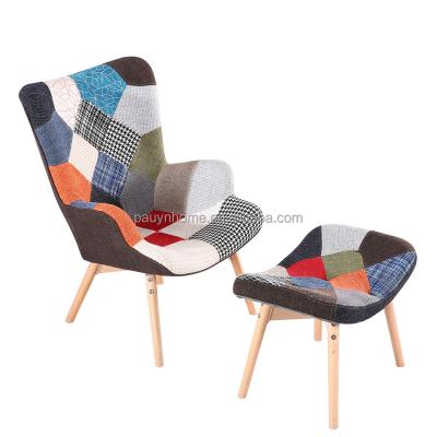 China Hot Selling Norsic Style Patchwork Modern Fabric Armchair Wooden Wing Lounge Chair Round Sofa Chair for sale