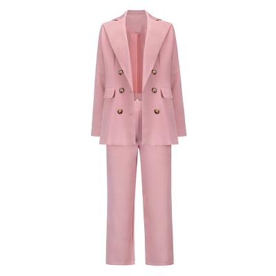 China New Big Lapels Anti-wrinkle Double Row Button Suit Coat Leisure Straight Pants Suits Women Two-Piece Set Clothing for sale