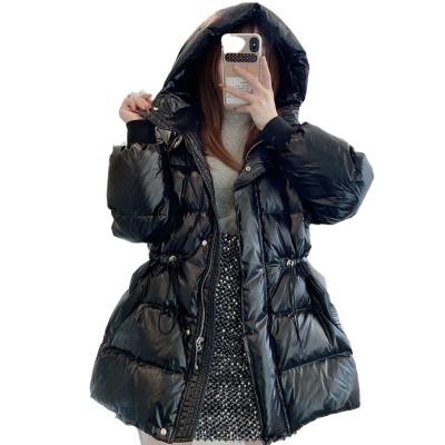 China 2021 Breathable Women Long Fashion Down Jacket Wind Proof Breathable Overcoat Long Hood With Woven Belt Down Coat for sale