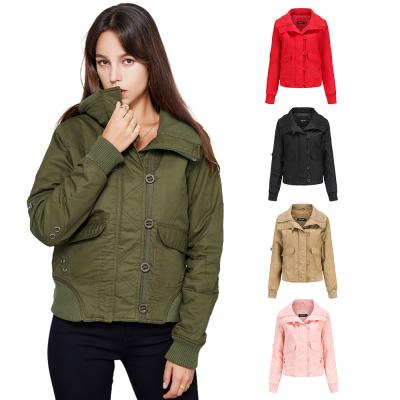 China Factory Direct Sale Viable Large Pockets Button Zipper Collar High Rib Short Jacket Padded Coat Women for sale