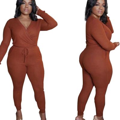 China Plus Size Women's Clothing Solid Color Slim-Fitting V-Neck Long Sleeve Viable Hot Selling Overalls For Women for sale