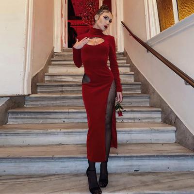 China Anti-static Temperament Women Clothes O-neck High Split Design Korean Velvet Evening Dress for sale