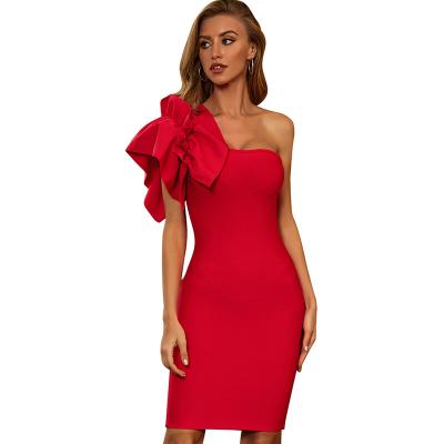 China Ladies Christmas Anti-Static Dress With Ruffles Embellished One Shoulder Bodycon Dress for sale