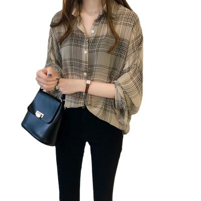 China Autumn Women Loose Plaid Print Spring Lapel New Arrival Anti-pilling Long Sleeve Shirt Blouse 2021 for sale