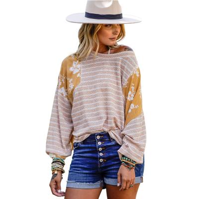 China Anti-pilling new designed floral crew neck pullover ladies striped shirt patchwork blouses plus size women tops for sale