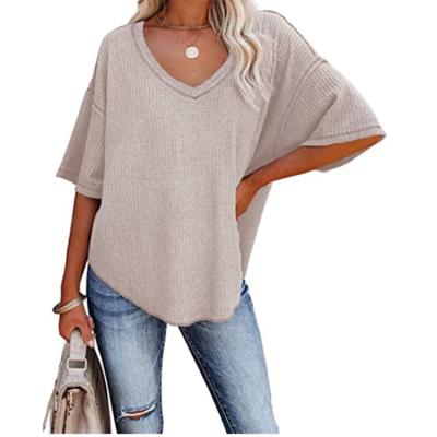 China Viable High Quality Loose V-Neck Waffle Solid Color Waffle Half Sleeve Pullover Women Tops T-Shirt for sale