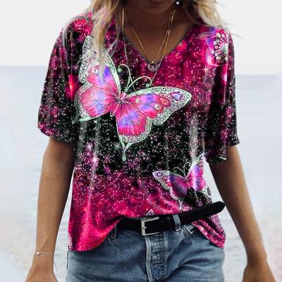 China Fashion Viable V Neck Short Sleeve Butterfly 3D Printed Street Style T-shirt Women Tops for sale