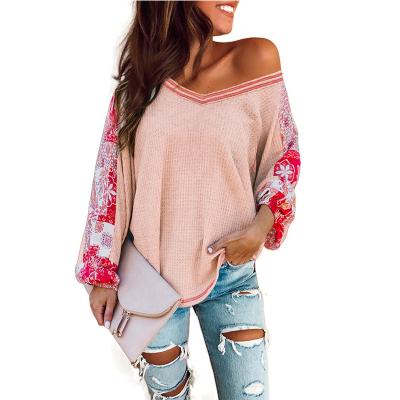 China Reglan Raw Lantern Long Sleeve New Product Anti-wrinkle Patchwork Edge Floral Print Women Casual Sweater for sale