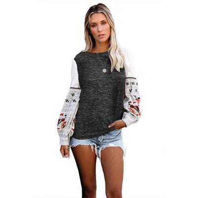 China New Design Anti-Wrinkle Round Neck Knitted Lantern Bohemian Woven Long Sleeve Women Floral Ethnic Print Sweater for sale