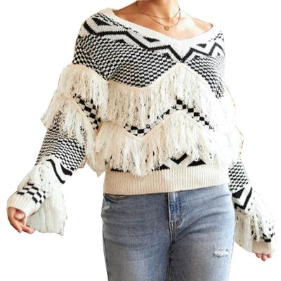 China Women's new breathable clothing fashion temperament women's tassel V-neck knitted black white pullover sweater for sale