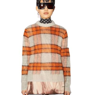 China Anti-wrinkle Fashion Autumn Women Mohair Orange Plaid Simple Hollow Out Sweater Tops Sweaters for sale