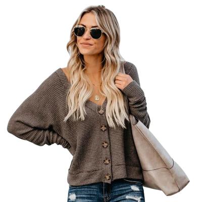 China 2021 Autumn Anti-wrinkle Deep V-Neck Horn Button Waffle Check Solid Soft Cardigan Women Casual Sweater for sale