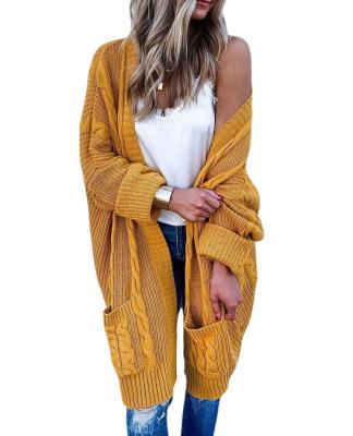 China Women Long Loose Jacquard Pocket Twist Knitted Puff Sleeve Thick Sweater Weaving Cardigan for sale