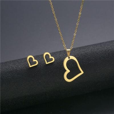 China TRENDY 100% Gold Stainless Steel Hollow Heart Earring Necklace Jewelry Set Quality Never Tarnish 45cm Pendant Necklaces for sale