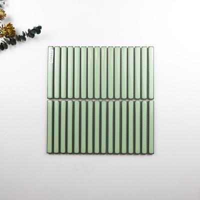 China Foshan Parquet 145*15mm Stackbond Glazed Kit Kat Mosaic Tile For Bathroom Ceramic Green Kitchen Restaurant Strip Finger Backsplash for sale