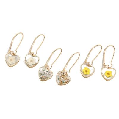 China FASHIONABLE Korean fashion soft fresh heart-shaped dry flower small customized real simple transparent resin flower earring for sale