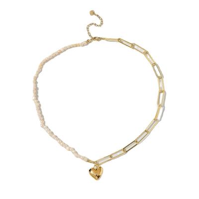 China FASHIONABLE Unique Half Freshwater Pearl Half Rectangular Chain Necklace 14K Gold Plated Smooth Heart Shaped Pendant Necklace for sale