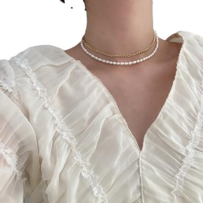 China TRENDY Retro Chain Fashion Simple Soft French Chain Clavicle Double Layer Freshwater Pearl Necklace for sale