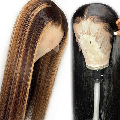 China Pre Plucked Lace Front Human Hair Wig, Cheap 13x4 Piano Color Ombre Brown Hair Wig, Softest And Comfortable Straight Highlight Lace Wig With Baby Hair for sale