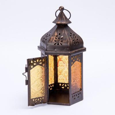 China Chinese Style Wrought Iron Wind Lantern Home Candle Holder Glass Decoration Open Moroccan Candle Holder Lantern for sale