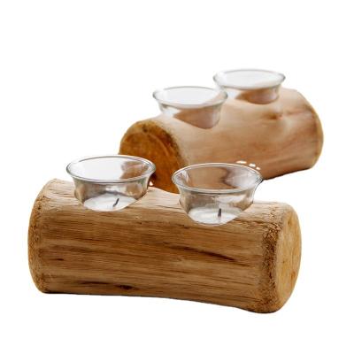 China New Antique Style Home Yoga Decoration Wooden Base With Glass Cup Votive Candle Holder for sale