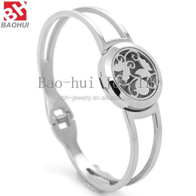 China New TRENDY Fashion Jewelry Silver Flower of Life Perfume Bangle Stainless Steel Essential Oil Diffuser Pendant Flexible Open Bangle for sale