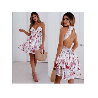 China Breathable Classic Dresses Women Sexy Backless Lace Hollow Out Halter Neck Swing Midi Mini Evening Party Dress for sale