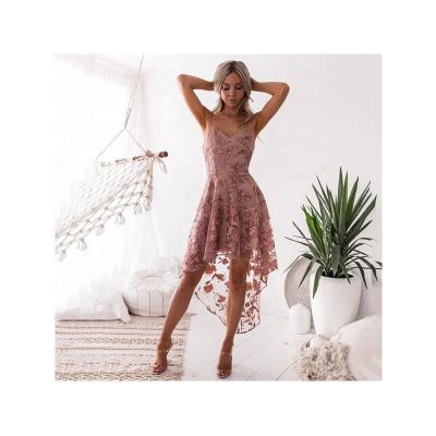 China Breathable Women Fashion Sexy Elegant Floral Embroidery Lace Dress Ladies V Neckline Irregular Backless Sleeveless Party Casual Dress for sale