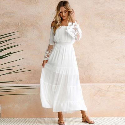 China Breathable Fashion Off Shoulder Lace Floral Patchwork Long Sleeve Long Beach Dress Party Casual Dress for sale