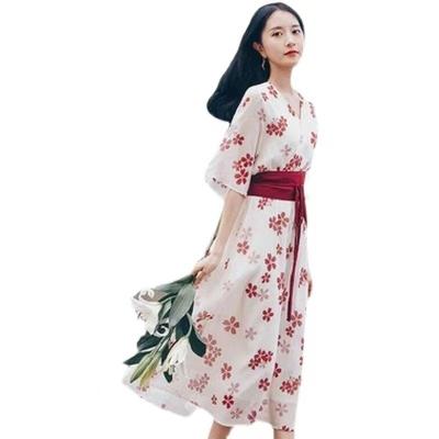 China Japanese Floral Belted V-Neck Trumpet Sleeve Sakura Printed Dress Breathable New Fashion Women's Casual Dress Retro for sale