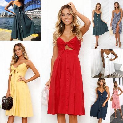 China 2022 Anti-Static Women Clothes Summer Tie Front V-Neck Spaghetti Tie Button Down Backless Swing Midi Line Dress for sale