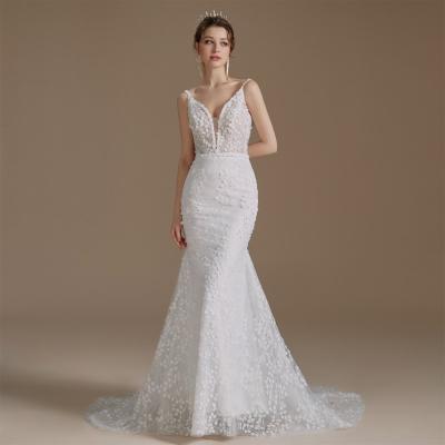 China Anti-static Sexy Sleeveless Illusion Spaghetti Strap Mermaid Bridal Wedding Dress for sale