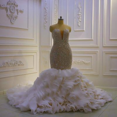 China Custom Made Anti-static Beaded Sweetheart Lace Mermaid Lace Deep V-Neck Cake Dress Plus Size Dress for sale