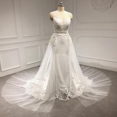 China Anti-Static Satin Mermaid Wedding Dresses For Girl Even Sleeveless Lace Dress With Detachable Train White Spaghetti Tie Back Party Dress for sale