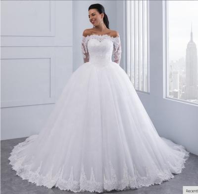 China Wholesale Breathable Cheap Wedding Dress Puffy Tulle Puffy Train Bride Dresses Long Sleeves Ball Gown for sale