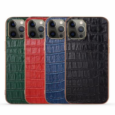 China Crocodile Pattern Shockproof Genuine Gold Plated Leather Phone Cases For Apple iPhone 14 11 Pro 12 13 Max Leather Cover for sale