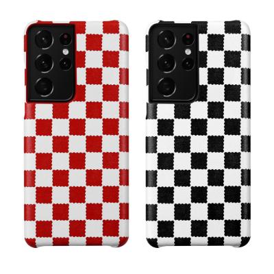 China Square Shockproof Custom Luxury Grid Printing Pattern Shockproof PU Leather Cell Phone Case For Samsung Galaxy S21 Ultra Case Leather for sale