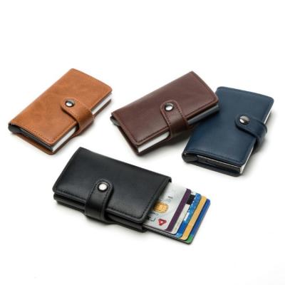 China Fashion Custom RFID Blocking Metal Business Name Credit Card Wallet Case PU Leather Card Holder Box For Women Men for sale