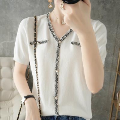 China Anti-Wrinkle 2022 Summer New Arrival Ladies Sleeve Short Slim Fitted Elegant Knit Shirt for sale