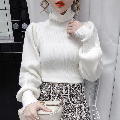 China Anti-Wrinkle 2022 Winter New Arrival Turtle Neck Puff Sleeve 100% Cashmere Slim Fit Tight Women Sweaters for sale