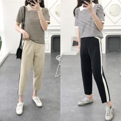 China Anti-Wrinkle Fashion New Arrival Women Doll Collar Half Sleeve Stripe Top With Plain Color Pants Slim Sweater Twin Set for sale